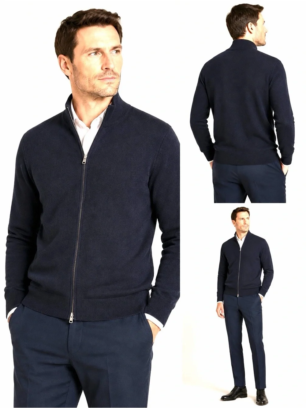 Eredi Pisano Full Zip Sweater Cardigan Extrafine Merino Wool Navy L 52 Slim NWOT